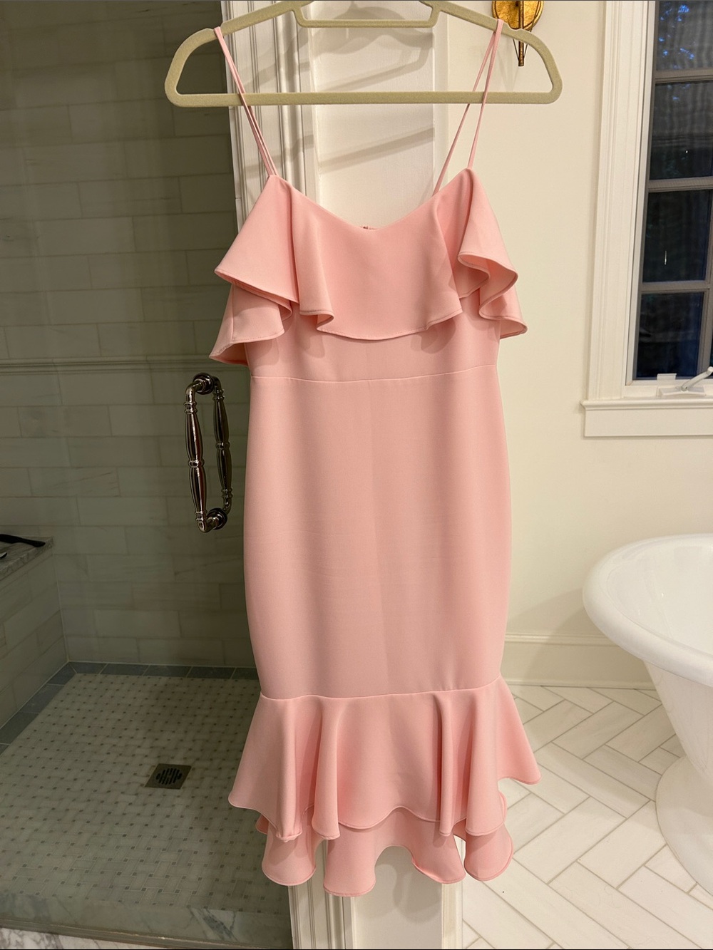 Likely Blush Pink Ruffle Midi Dress with Spaghetti Straps